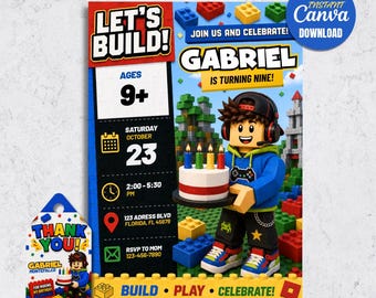 Gamer Birthday Invitation Template, Roblox Gamer Party Invite, Editable Canva (Digital Download)