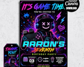 Roblox Game Time Birthday Invitation, Blocky Gamer Party Invite, Kids Canva Template (Digital Download)