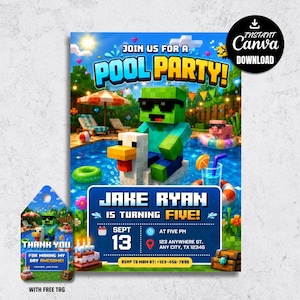 May include: A vibrant invitation for a pool party, featuring a pixelated character with sunglasses riding a chicken float in a pool. The invitation includes the text "Pool Party!" and details for a fifth birthday celebration.