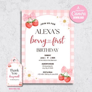 Puede incluir: Una invitación de cumpleaños rosa y blanca con estampado de cuadros vichy con el texto "Alexa's berry first birthday". Incluye una etiqueta a juego que dice "Thank You berrymuch!" con ilustraciones de fresas y un botón rosa de descarga de Canva.