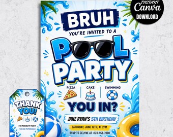 Bruh Pool Party Invitation, Boy Summer Swim Birthday Invite (5x7 Digital Download)