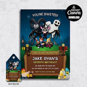 May include: A birthday party invitation with a dark blue background and cartoon characters. The invitation reads "You're Invited!" and "Join Us and Celebrate!" with the text "Jake Ryan's Seventh Birthday!" and event details.