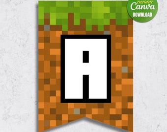 Pixel Game Birthday Banner Template, Pixel Block Video Game Party Decor, Editable Canva Banner, Digital Download