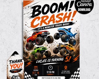 Epic Monster Truck Birthday Invitation, Boom Crash Party Invite (5x7 Digital Download)