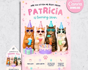 Zaproszenie urodzinowe Kitten Pawty, edytowalny szablon Canva, zaproszenie z motywem kota (do pobrania cyfrowego)