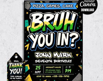 Bruh Birthday Invitation, Gamer Teen Party Invite, Funny Gaming (Digital Download)