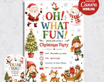Oh What Fun! Christmas Party Invitation, Santa Holiday Season (Digital Download)