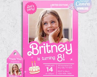 Pink Doll Birthday Invitation, Editable Photo Invite, Girls Glam Party (Digital Download)