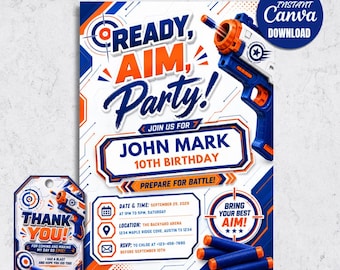 Dart Battle Birthday Invitation, Ready Aim Party Foam Blaster Invite (Digital Download)