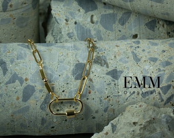 Carabiner Clasp Necklace: Chunky Paper Clip Chain, Metal Beads