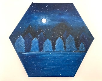 Original acrylic painting on canvas, night sky, winter, snow