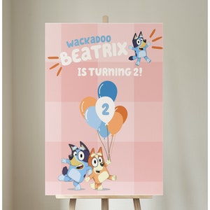 Blue y Theme Welcome Sign Welcome Board Birthday kids characters, Pink Plaid Blue y, Bluey Birthday