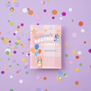 CANVA uitnodigingssjabloon, blauwe y verjaardagsuitnodiging, roze kinderuitnodiging, digitale uitnodiging, meisjesverjaardagsuitnodiging