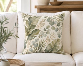 Cuscino decorativo quadrato con foglie tropicali ad acquerello, decorazione botanica