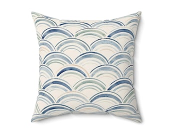 Fodera per cuscino con motivo a onde marine blu, cuscino decorativo con motivo a conchiglia, arredamento per casa al mare, cuscino costiero moderno, arredamento nautico per cottage