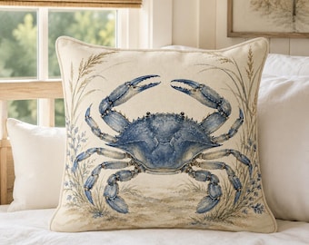 Fodera per cuscino con granchio blu, cuscino decorativo in stile costiero, arredamento per casa al mare, cuscino in stile nautico, decorazione per la casa costiera con granchio ad acquerello