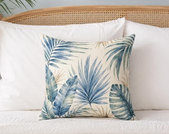 Cuscino decorativo quadrato con foglie di palma tropicali blu