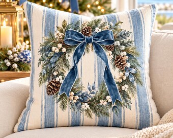 Blue Coastal Christmas Pillow, Christmas Wreath Throw Pillow, Navy Bow Holiday Decor, Nantucket Christmas, Beach House Pillow