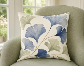 Fodera per cuscino con ginkgo blu, cuscino decorativo botanico costiero, decorazione moderna con foglie blu, cuscino per casa al mare, arredamento organico per la casa