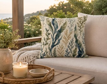 Fodera per cuscino con motivo di alghe marine, cuscino decorativo botanico blu e verde, arredamento per casa al mare, cuscino per cottage costiero, decorazioni ispirate all'oceano.