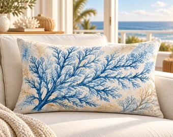 Blue Botanical Branch Lumbar Pillow | Coastal Nature Decor