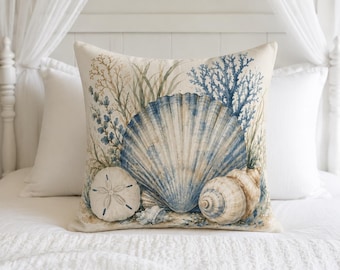 Fodera per cuscino con conchiglie blu, cuscino decorativo con conchiglie, arredamento per casa al mare, cuscino a forma di dollaro di sabbia, arredamento per casa in stile cottage costiero