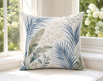 Fodera per cuscino con palme blu, cuscino decorativo tropicale costiero, arredamento per casa al mare, cuscino botanico blu, arredamento per casa in stile cottage costiero