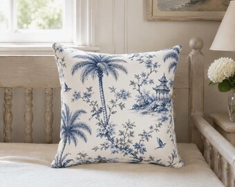 Fodera per cuscino Chinoiserie blu navy, cuscino decorativo con palma blu, arredamento costiero Grandmillennial, cuscino Toile Beach House