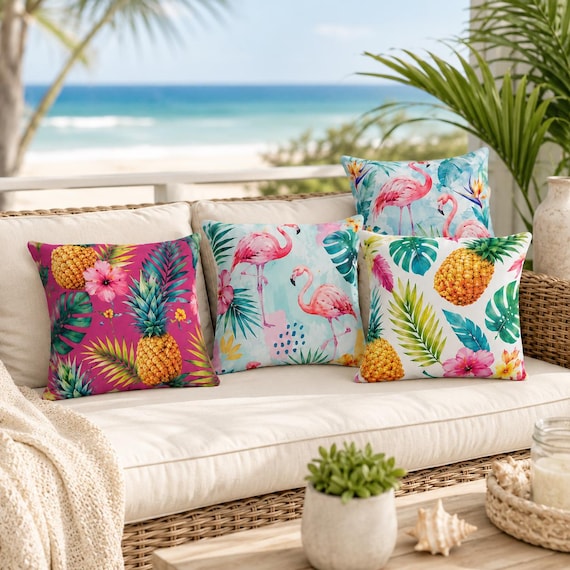 Tropical Flamingo Pineapple Outdoor Pillow Cover, Summer Porch Patio Decor