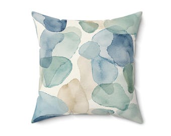 Fodera per cuscino con motivo astratto effetto vetro di mare, cuscino decorativo blu e verde in stile costiero, arredamento moderno per casa al mare, cuscino con motivo costiero ad acquerello