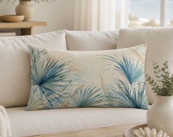 Cuscino lombare blu stile costiero, cuscino decorativo tropicale con palma patinata, decorazione per divano in stile casa al mare, cuscino con accenti botanici costieri