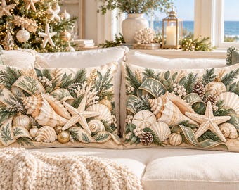 Seashell Starfish Coastal Illustration Lumbar Pillow | Beach Cottage Decor