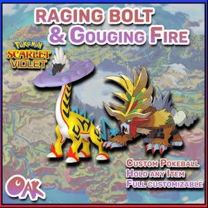 Puede incluir: Una ilustración digital de dos personajes Pokémon, Raging Bolt y Gouging Fire, del videojuego Pokémon Escarlata y Violeta. Los personajes están representados en un estilo 3D y se encuentran sobre un fondo de paisaje colorido. El texto "CUSTOM POKEBALL HOLD ANY ITEM FULL CUSTOMIZABLE" se muestra debajo de los personajes.