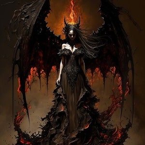 Dark Angel&#39;s Lament: Haunting Art Print of a Fallen Angel in a Hellish Inferno Satin Print
