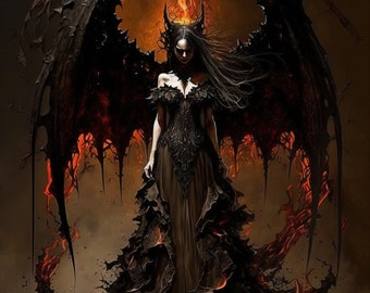 May include: A woman with dark hair and horns stands in front of a fiery background. She wears a black dress with a flowing skirt and large, dark wings. The wings are made of feathers and have a jagged, almost skeletal appearance.