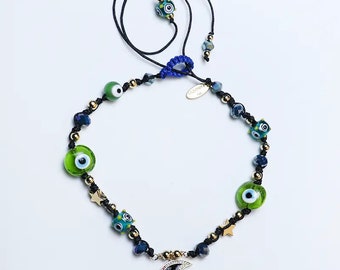 Choker Necklace in Blue Crystal Green and Blue Murano Nazar Charms Black and White Zirconia Encrusted Gold-Plated Moon