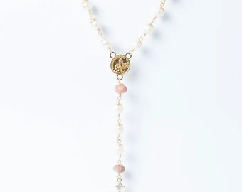 Di Mare Rosary Necklace in Freshwater Pearl and Pink Tourmaline with a Cross Pendant with White Zirconias