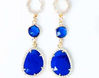 Earrings in Gold-Plated Earrings Post Encrusted with White Zirconias featuring a Sapphire Charm Encrusted with White