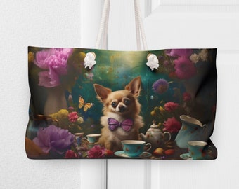 Chihuahua Weekender Bag for chihuahua lovers gift for chihuahua mama chihuahua accessories long haired chihuahua dark floral large bag