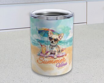 Summer Vibes Chihuahua tumbler 10oz with lid dog wearing sunglasses insulated cup