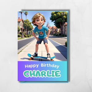 Personalised Skateboarder Birthday card for kids custom name and character