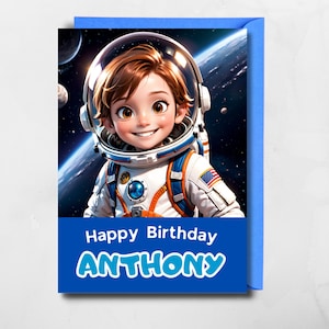 Personalised Astronaut Birthday card for children custom name and character