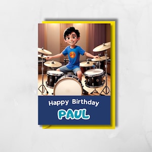 Personalised Drummer Birthday card for kids custom name and character