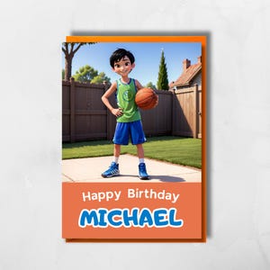 Personalised Basketball Birthday card for kids custom name and character