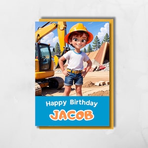 Personalised Construction Worker Birthday card for children custom name and character