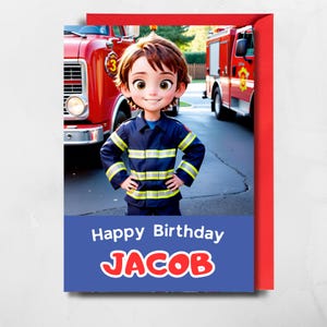 Personalised Fireman Birthday card for children custom name and character