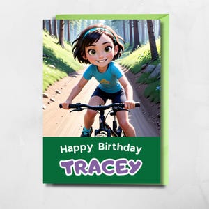 Personalised Bike Birthday card for children bike rider custom name and character