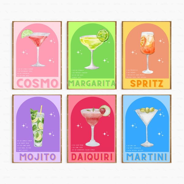 Set of 6 Cocktail Art Prints, Vintage-Inspired Cocktail Posters, Stylish Bar Cart Wall Decor, Colorful Gallery Wall Ensemble, Happy Hour Art