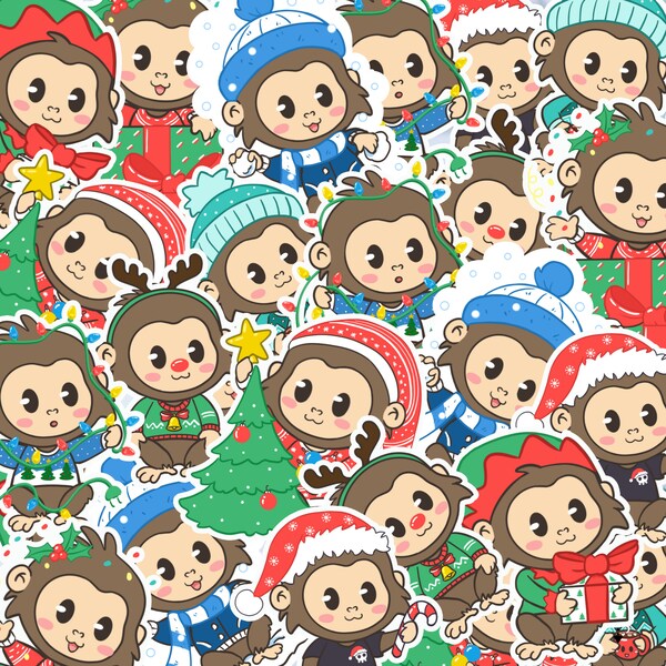 Christmas Cute Kawaii Monkey Waterproof Laminated Matte Sticker Pack (8 Set) - Holiday Gift For Her - Present Stickers - Fun Cheerful Gift