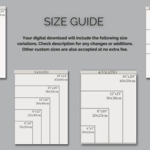 May include: A size guide for digital downloads, showing different aspect ratios and sizes in inches and centimeters. The guide includes 2:3, 3:4, 4:5, and 11:14 ratios, as well as international ISO sizes like A2, A3, A4, and A5.